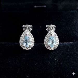 STUNNING AAA SWISS BLUE TOPAZ & DIAMOND HALO STUDS